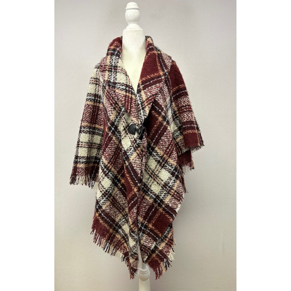 Boho Altare Womens OS Burgundy Plaid Toggle Closure Fringe Hem Poncho Wrap